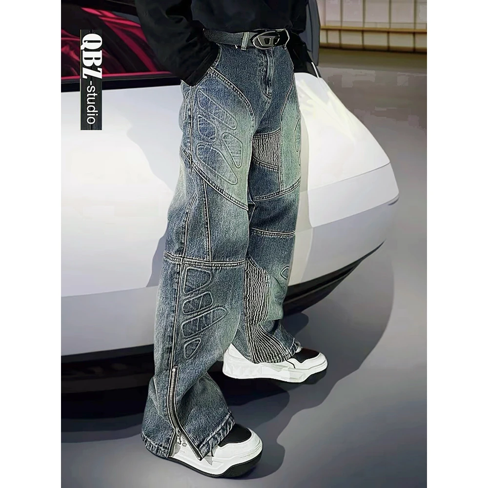QBZ春秋巴黎潮牌美式高街设计感拼接机车宽松直筒牛仔裤复古男潮