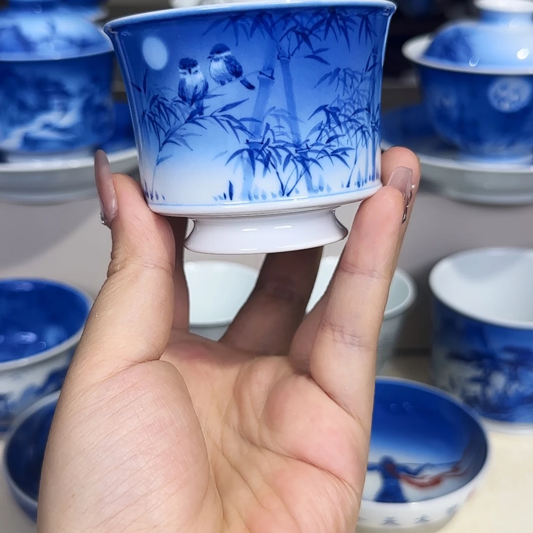 青花夜景花鸟杯杯