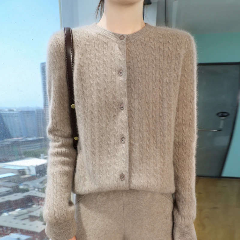 品牌女装正品春秋新款纯色麻花圆领毛针织衫开衫外套女上衣时尚