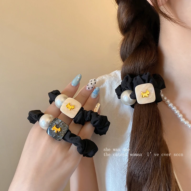 法式小狗珍珠扎头发绳气质简约高弹力小肠圈马尾皮筋女高级感头绳