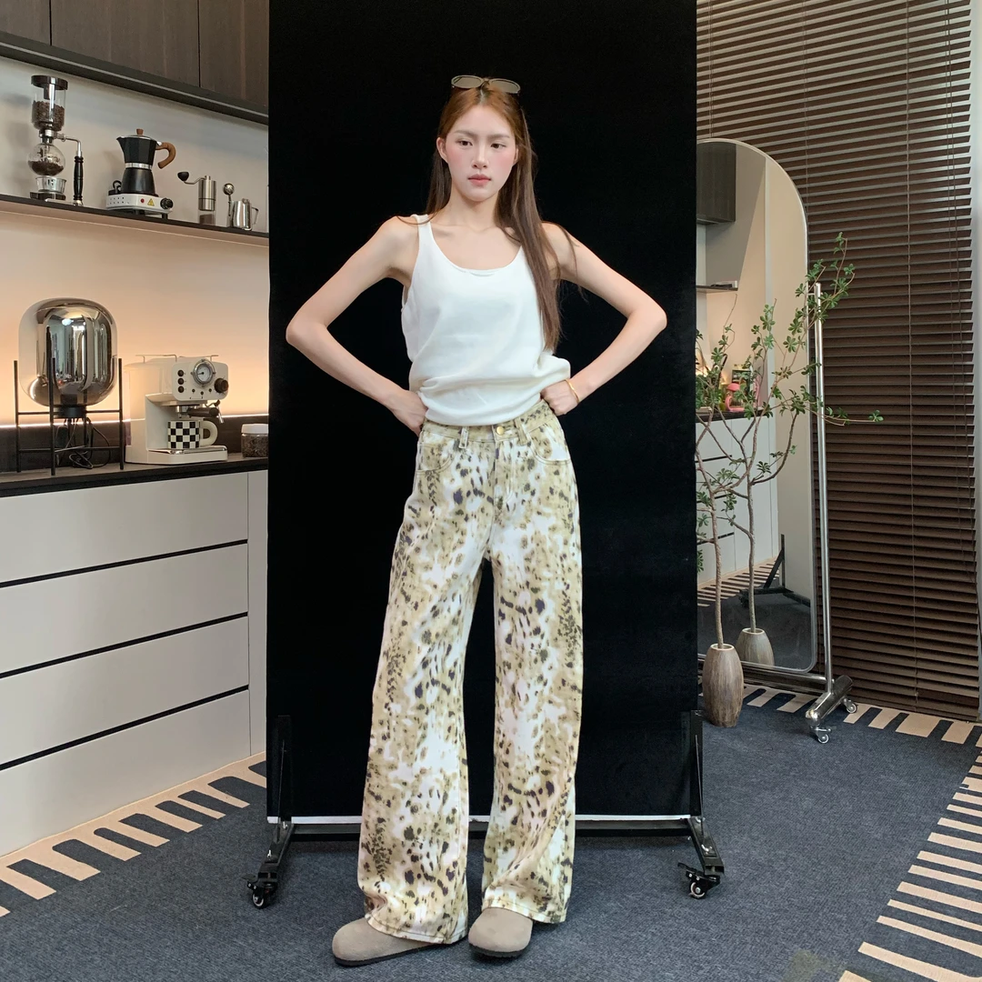 肚子9279美式复古白豹纹裤女宽松显瘦直筒拖地裤牛仔裤长裤子