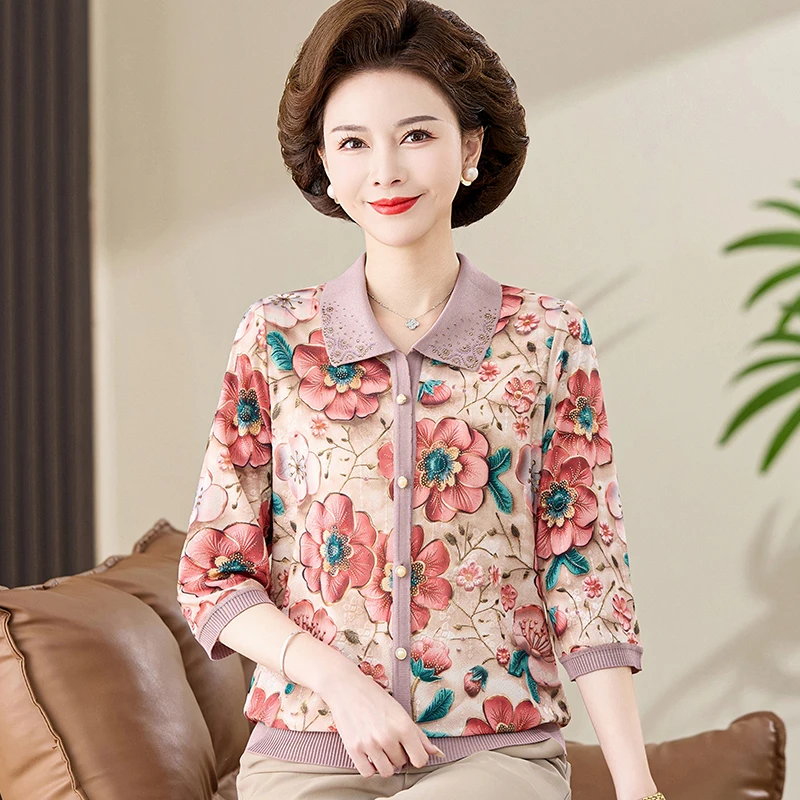 中年妈妈春装新款冰丝T恤上衣 中老年针织开衫女翻领奶奶中袖小衫