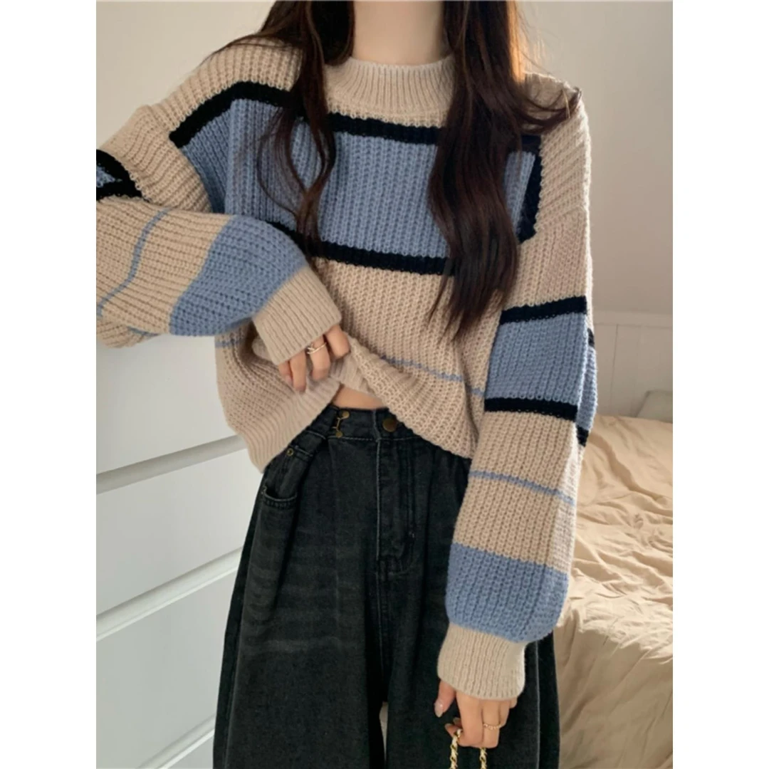 对比色条纹针织秋季女式毛衣，柔软，蜡质，温柔，慵懒风格，宽松