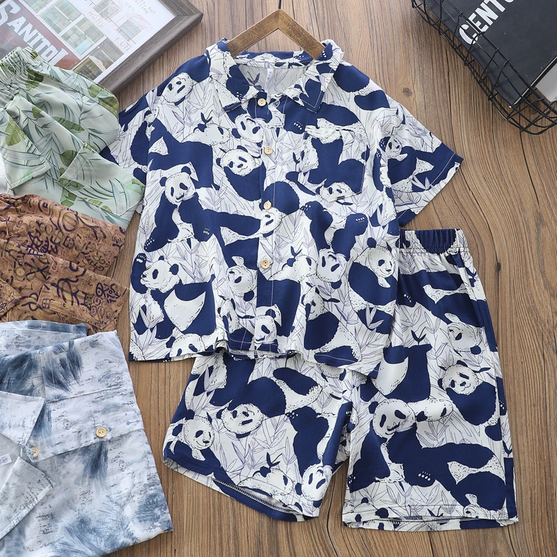 男童夏季度假风绵绸套装短袖短裤两件套中大童薄款印花翻领6296