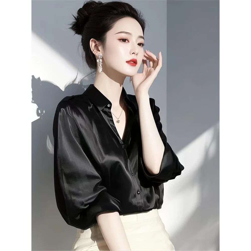 春季法式时尚洋气轻奢高级感独特别致漂亮水光醋酸缎面黑色衬衫女