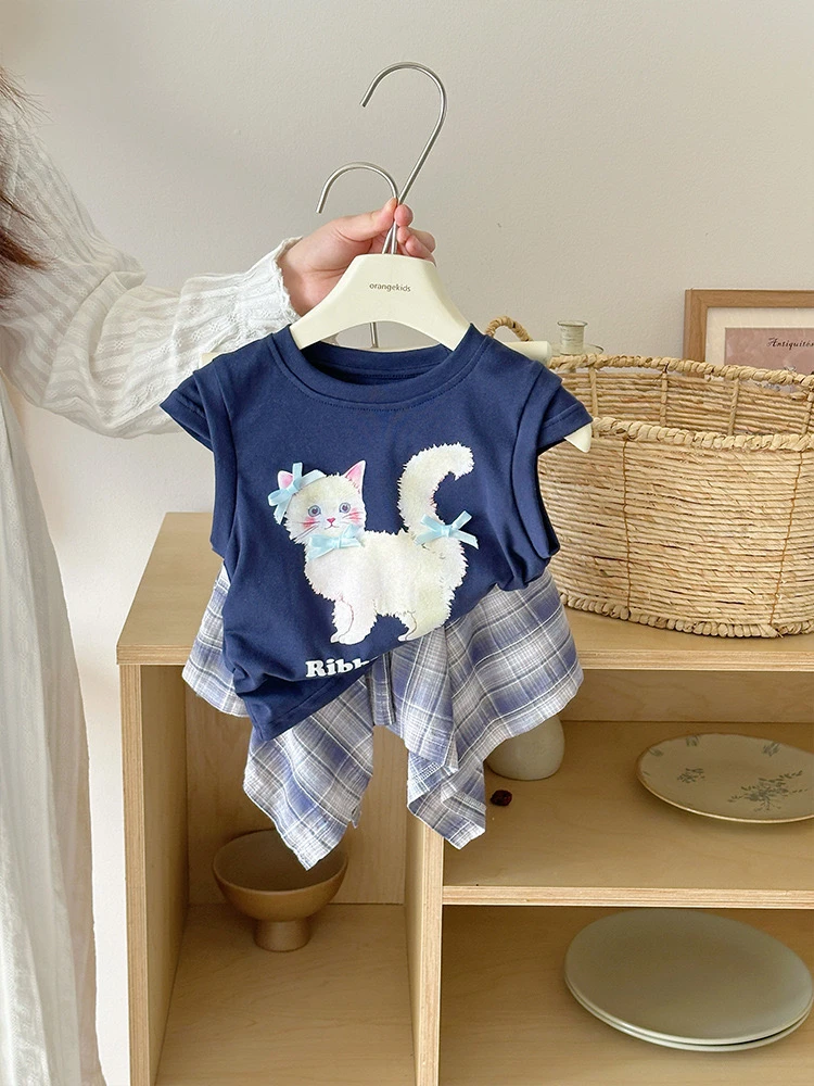 女童夏装套装2025新款格子裤裙裤坎肩短袖T恤洋气潮酷两件套