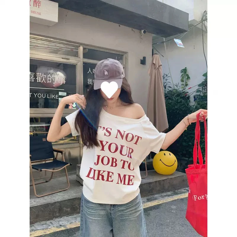 3号夏季新款性感斜肩短袖t恤女韩版百搭时尚ins风显瘦遮肚上衣