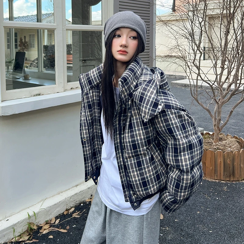 韩版格纹短款棉服加厚女冬季2025新款韩版设计感小个子面包服外套