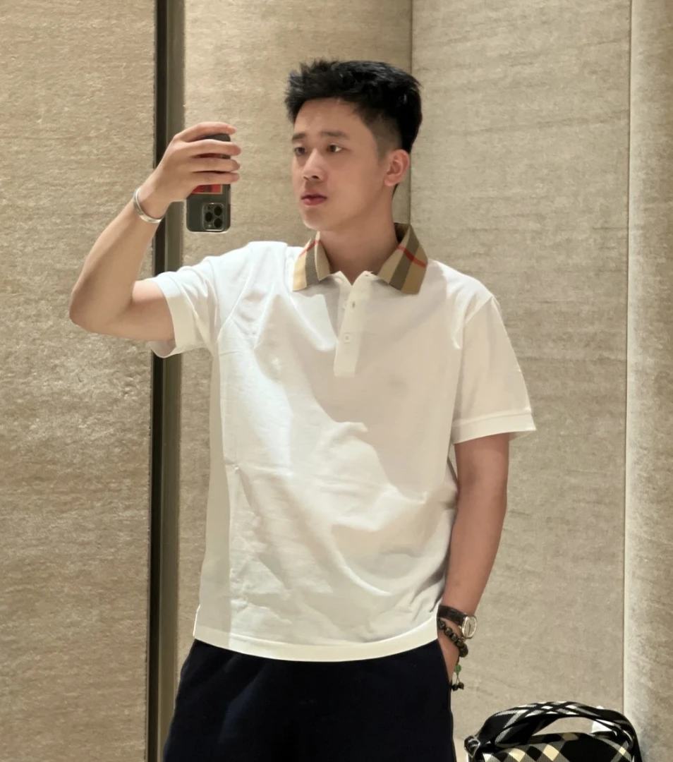 未使用 BURBERRY/博柏利 男士夏季合身白色纯色领口格纹短袖 POLO