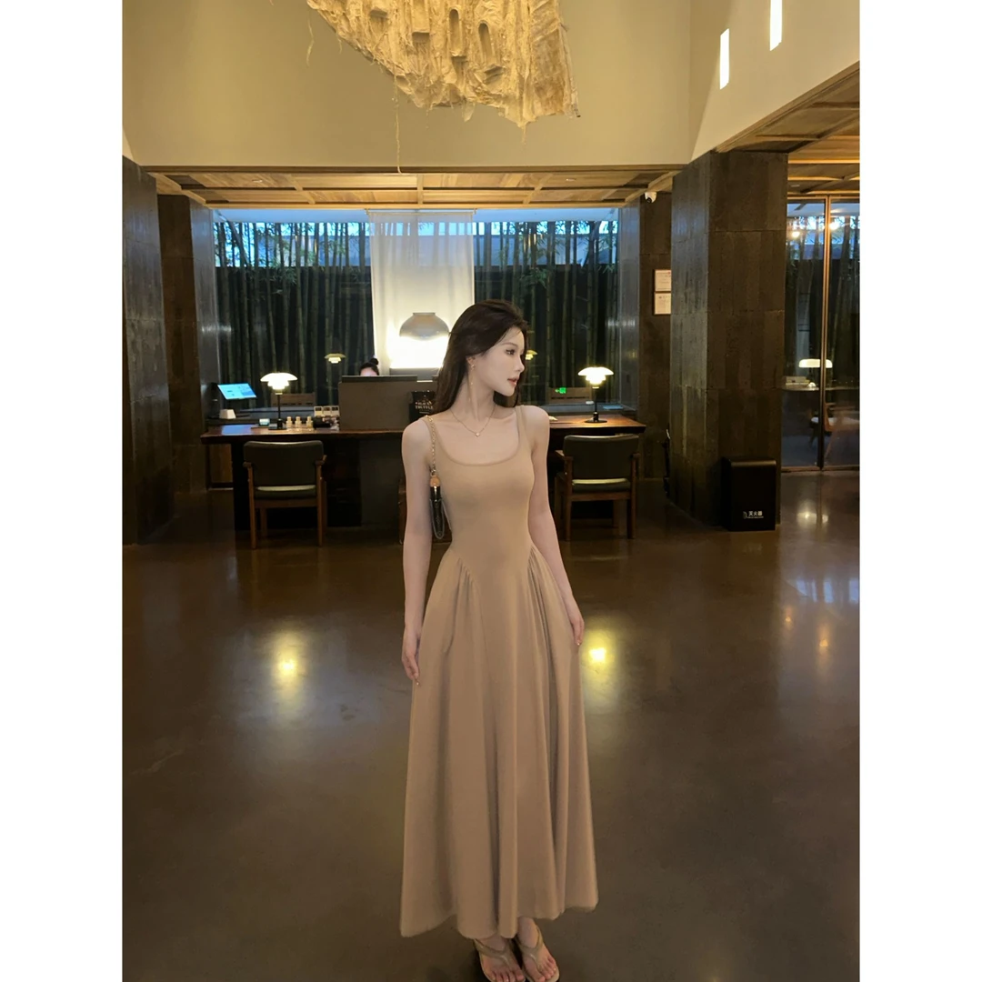 Crainfull【珠玉】方领宽肩气质褶皱掐腰显瘦口袋设计感大A摆连衣裙