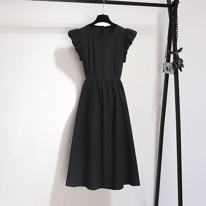 法式圆领黑色森系连衣裙女夏季2025新款高级感泡泡袖气质掐腰裙子