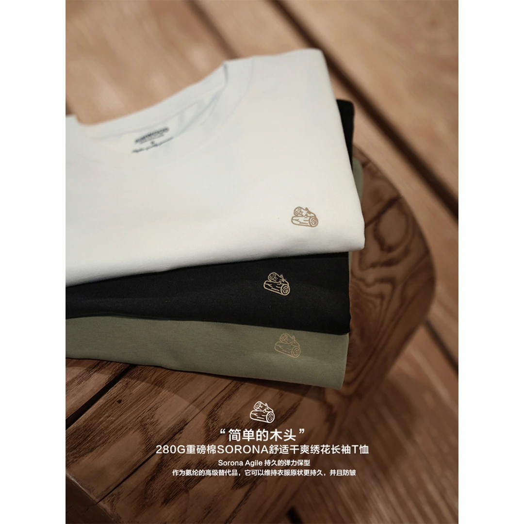 SIMWOOD/简木【短宽版】春季280g Sorona绣花基础长袖T恤男SO210126