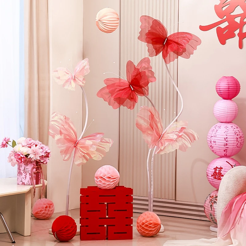 结婚幻彩蝴蝶婚房布置立体网纱路引摆件真丝婚礼晨袍装饰用品大全