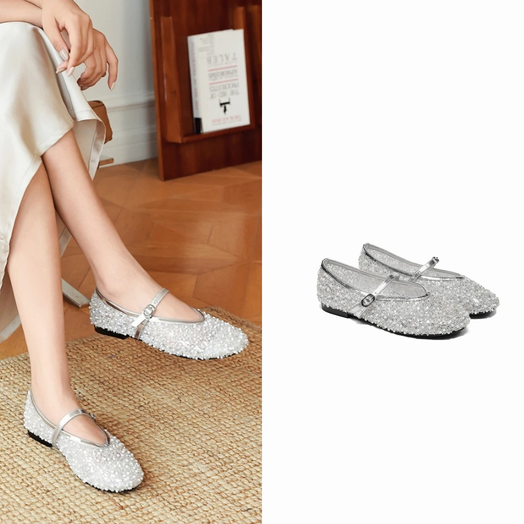 双子星【珍珠玛丽珍】法式浅口舒适低跟水钻亮片女单鞋M25B41511