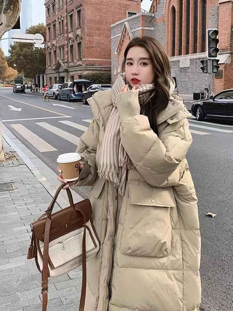 【现货】冬季中长款羽绒服白鸭绒韩版连帽加厚款大被子保暖网红