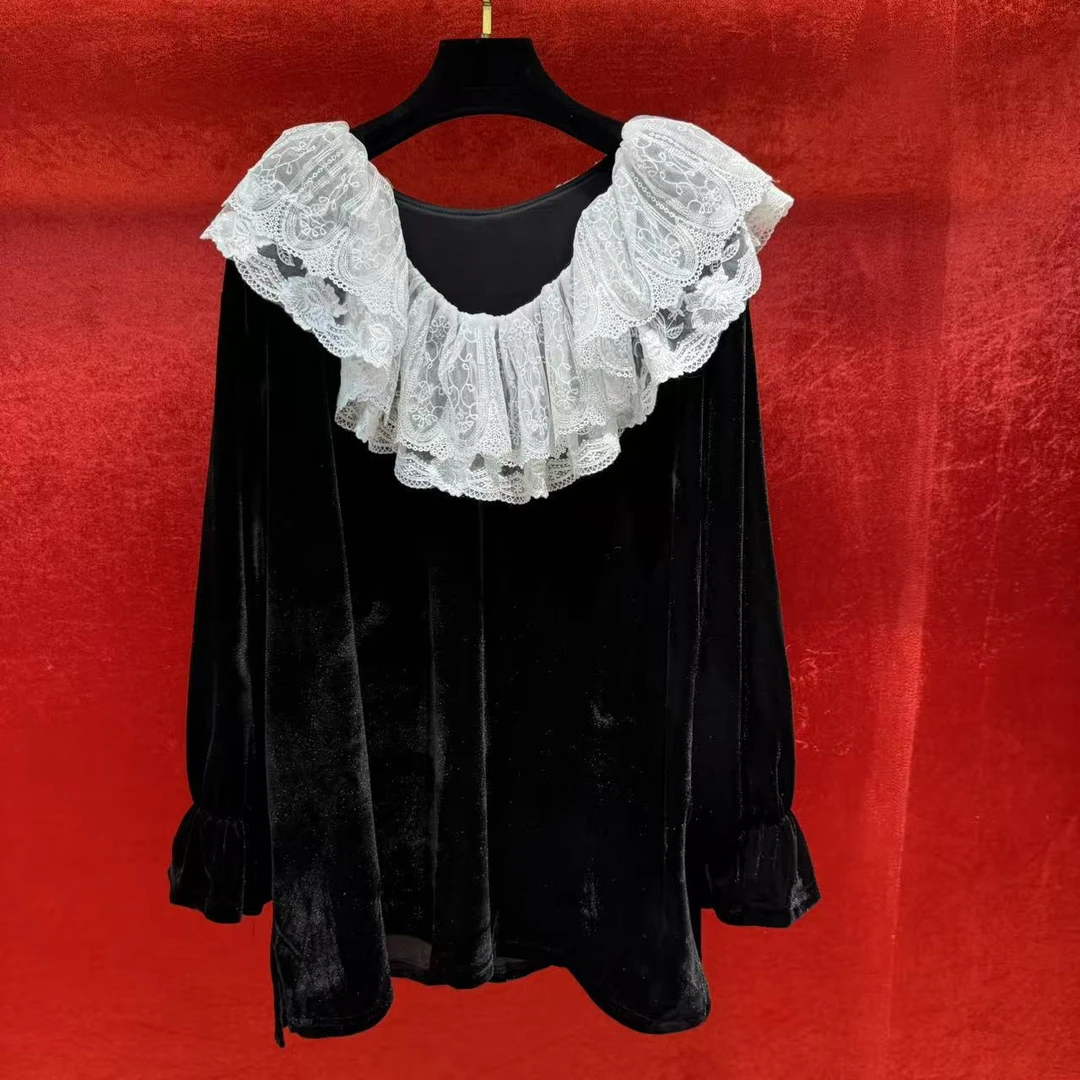 DanDancollectionstore【风吟浅梦】大码娃娃领长袖丝绒衬上衣354