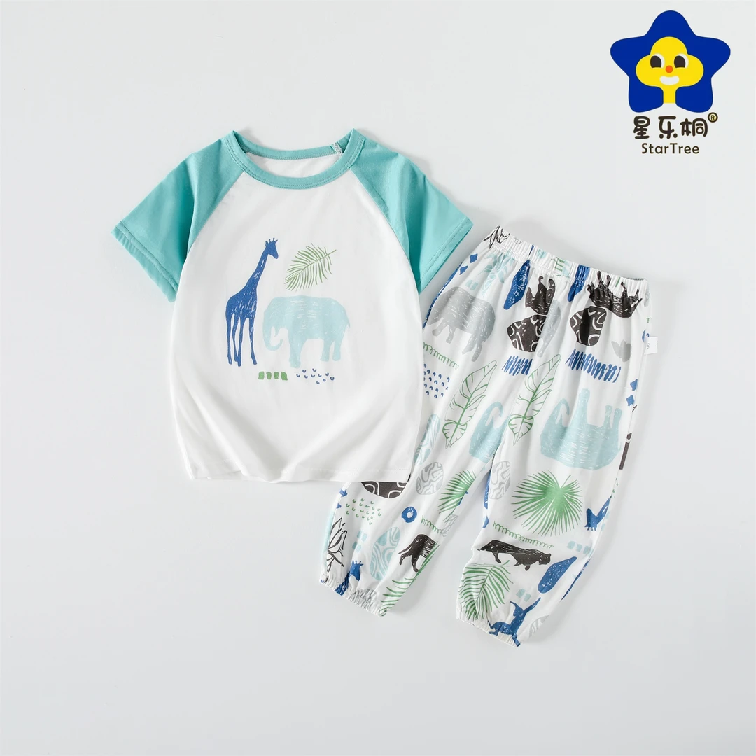 男宝夏季短袖圆领套雨林短袖长裤套装舒适透气休闲薄款印花620192