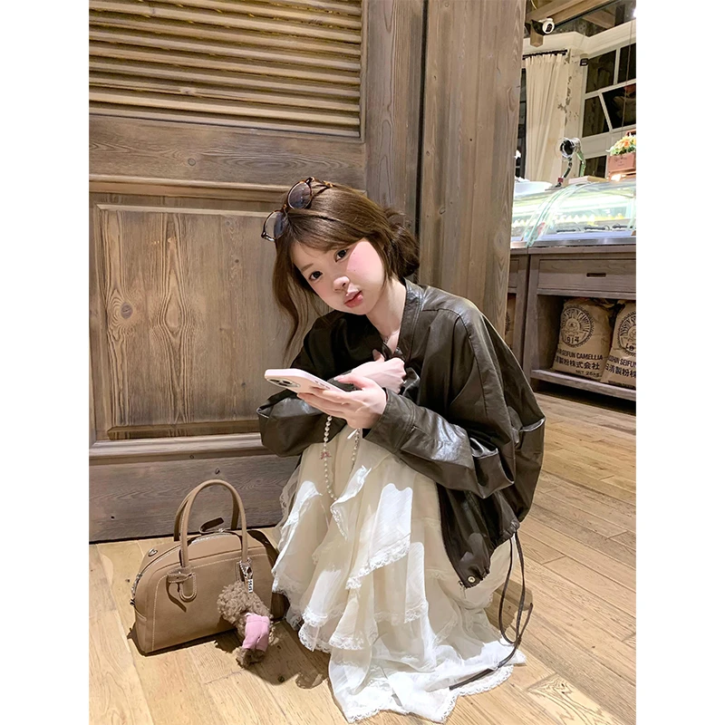 MARIE.COCO复古朋克风皮衣短外套女秋季蕾丝花边不规则连衣裙套装