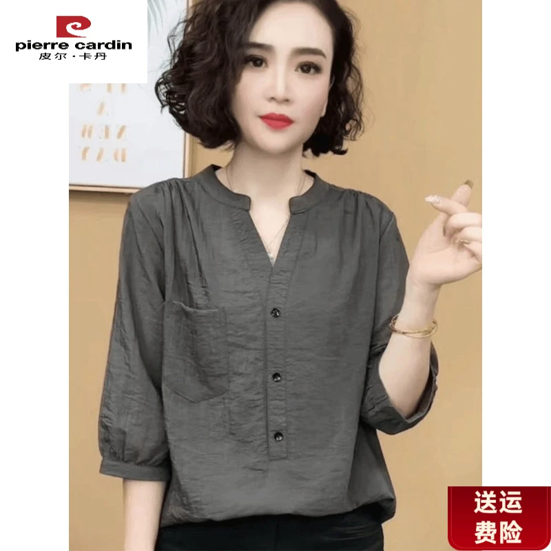 皮尔卡丹时尚妈妈领衬衫气质仿棉麻短袖恤女夏季新款休闲七分袖仿
