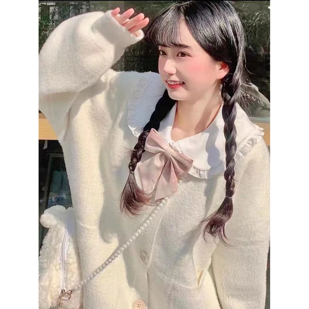 日系甜美风女款米白色毛茸茸秋冬针织JK慵懒软糯系毛衣开衫外套