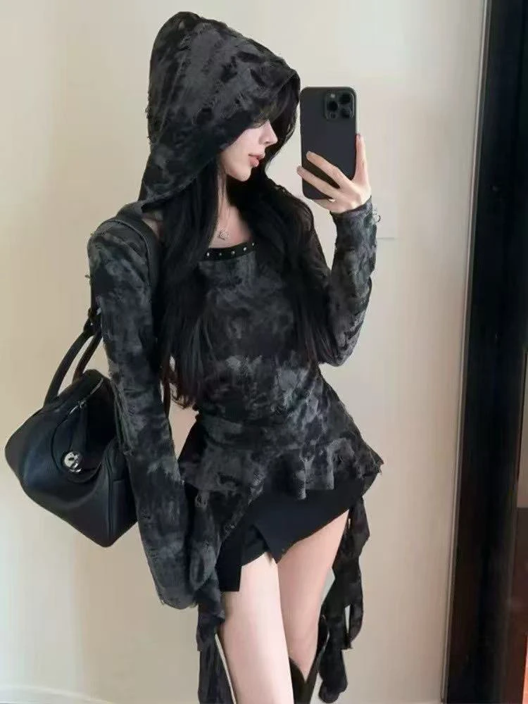 连帽长袖下摆黑色不规则上衣辣妹蕾丝时尚印花豹纹设计感