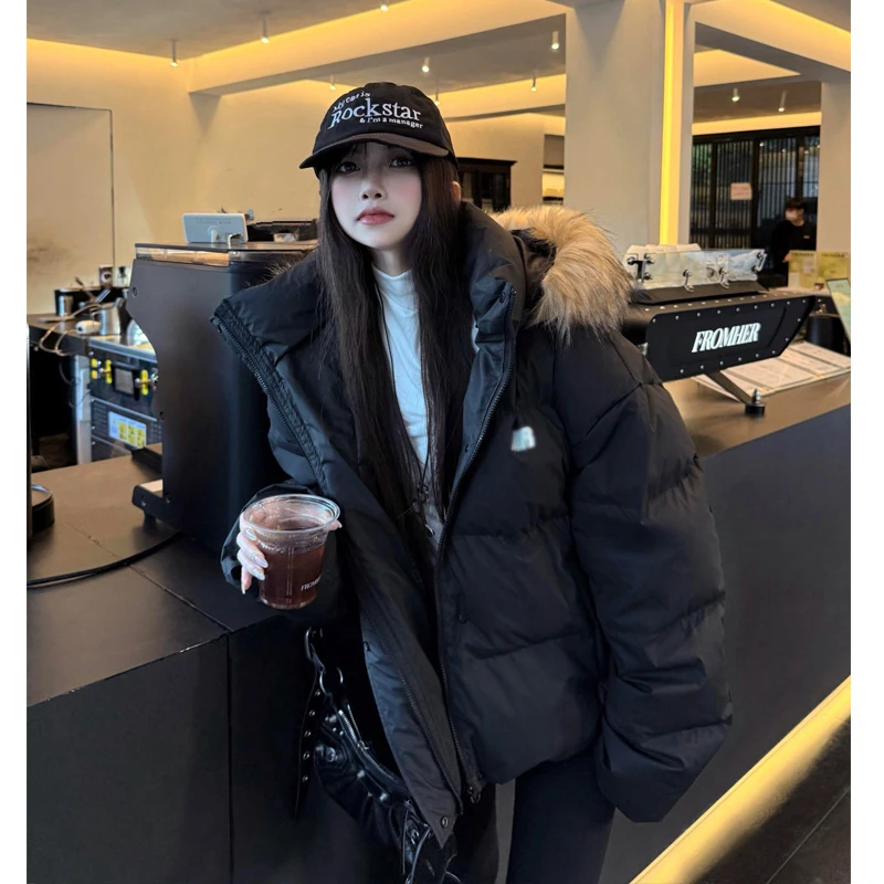 PU皮免洗大毛领棉服女2025新款美式工装宽松加厚棉衣棉袄冬季外套