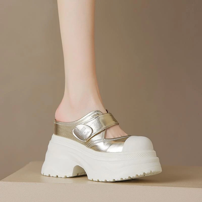 真皮！12cm松糕厚底拖鞋夏季外穿拼色包头半拖鞋魔术贴内增高凉拖