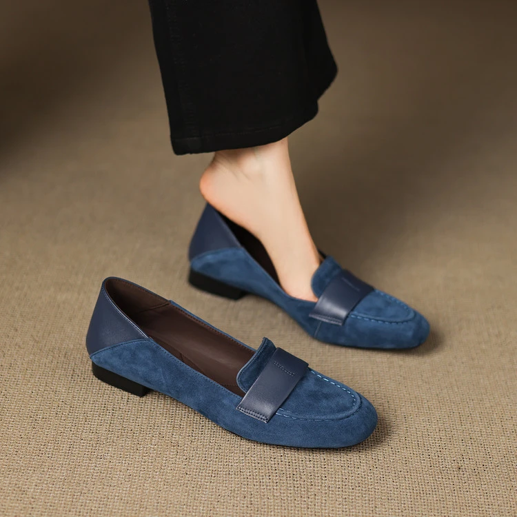 羊翻皮~2cm法式复古乐福鞋女春秋单鞋低跟平底鞋豆豆鞋一脚蹬女鞋