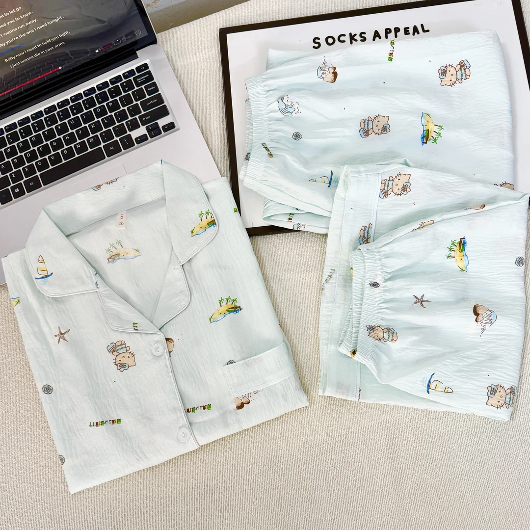 可爱猫咪睡衣女夏季短袖长裤三件套薄款卡通学生家居服套装可外穿