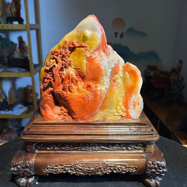寿山石山水田黄印章印摆件奇石手把件石雕实心竹桃木玄关家居收藏