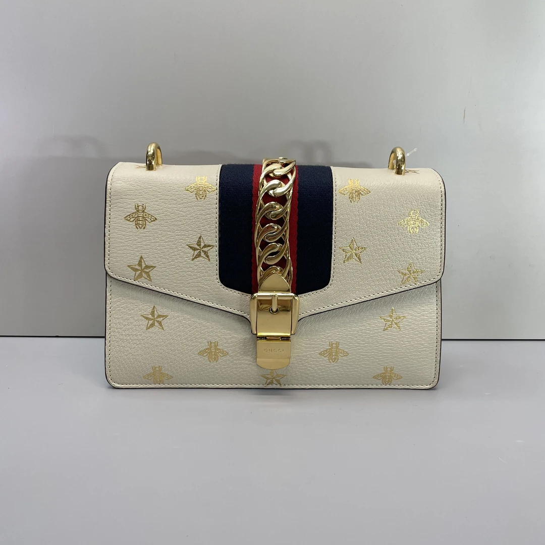 95新 GUCCI/古驰 媚姐/白色塞尔维亚斜挎包25x17x7cmG021303