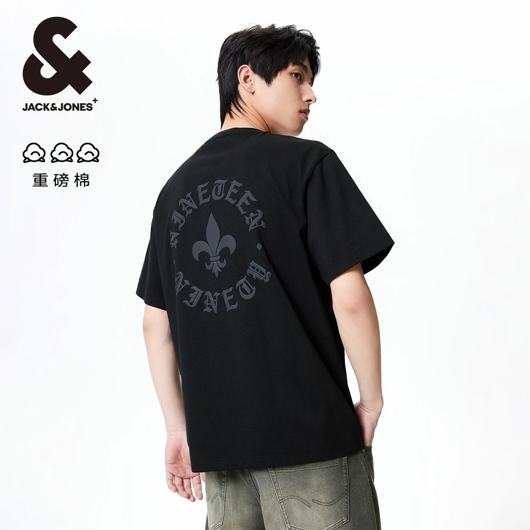 杰克琼斯春季新款重磅棉宽松复古哥特字母发泡印情侣短袖T恤男装