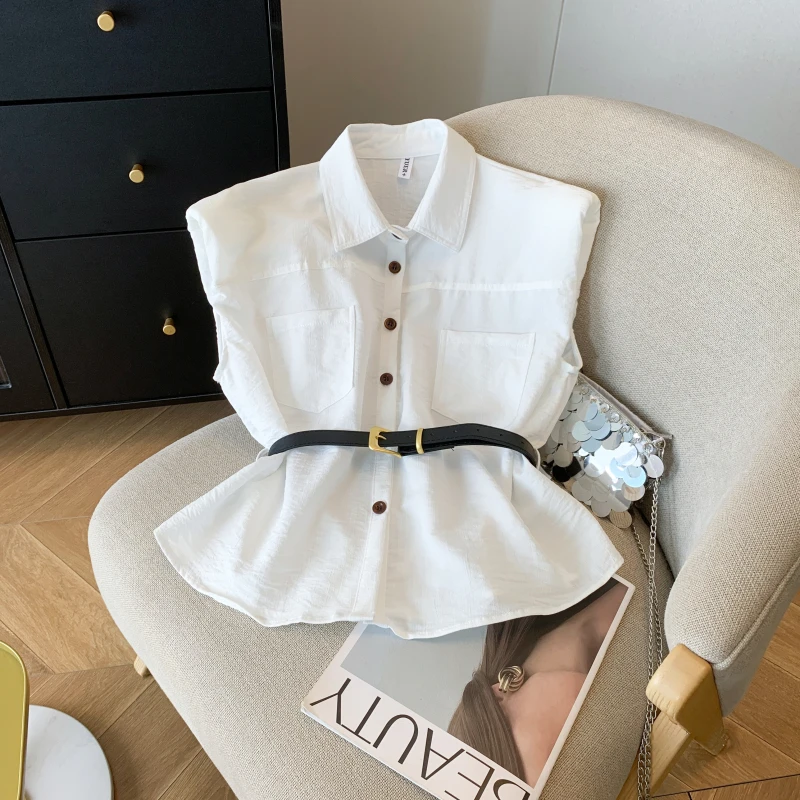 洋气 夏季新款韩版送腰带百搭显瘦单排扣气质无袖衬衫上衣