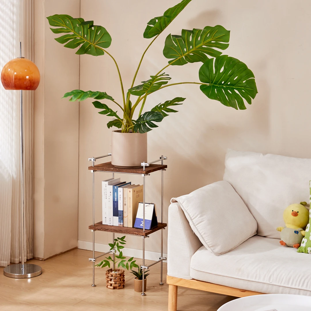 实木花架子客厅落地式阳台光轴亚克力置物架花盆架宋氏调节不锈钢