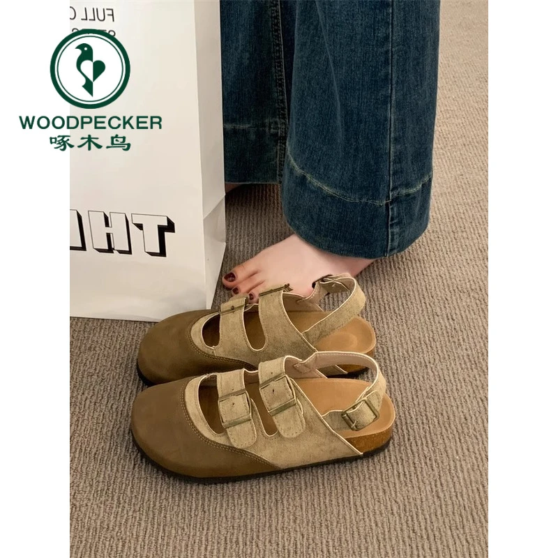 啄木鸟厚底勃肯鞋女2025夏秋新款罗马凉鞋外穿复古百搭包头半拖鞋
