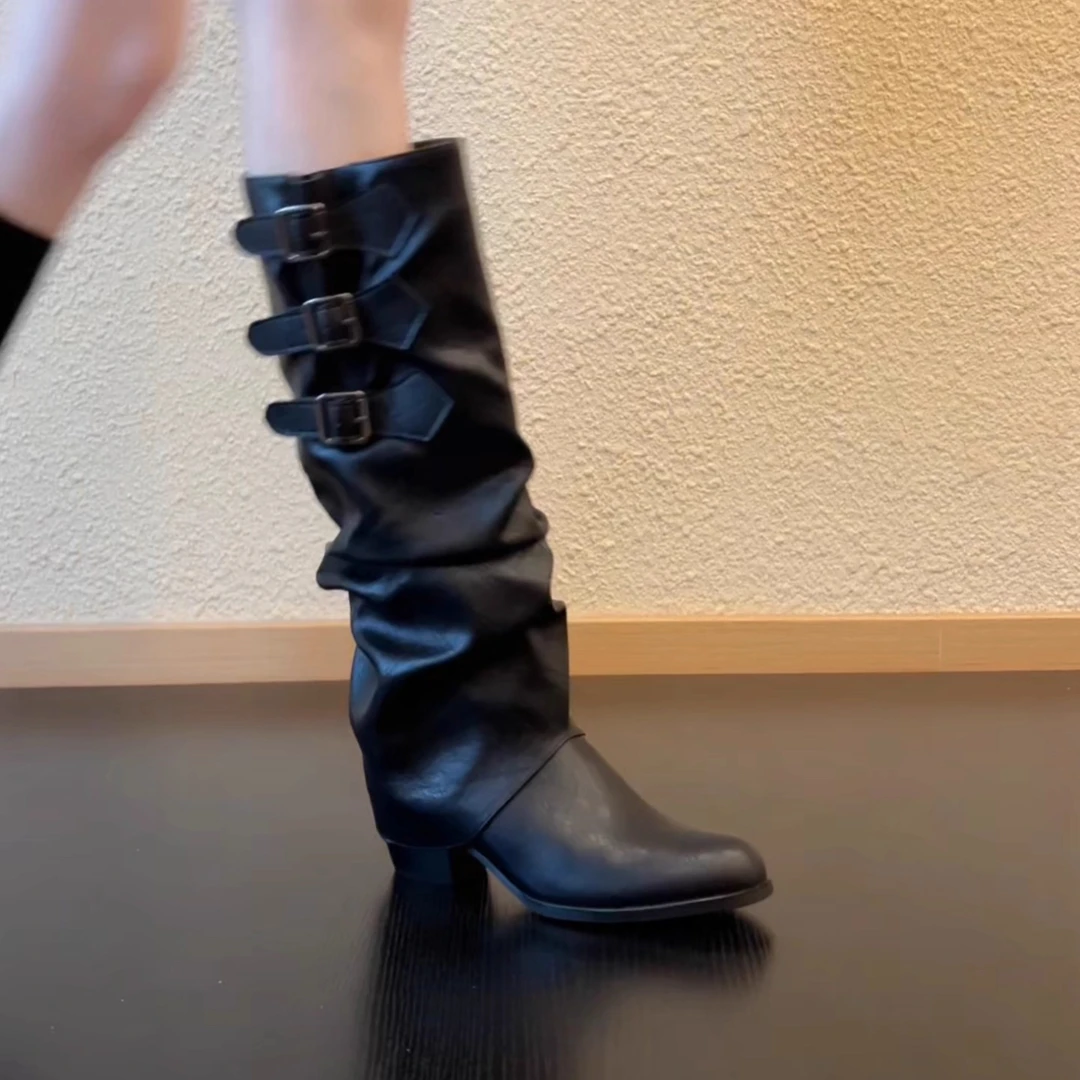 Pokoy-5.5cm高筒废土风西部骑士靴复古皮带扣中筒女长筒靴女靴