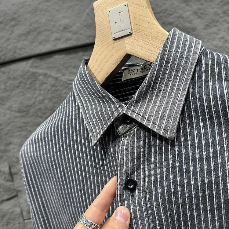 【IN】质感超强!重工水洗做旧 条纹男士长袖衬衫潮2592