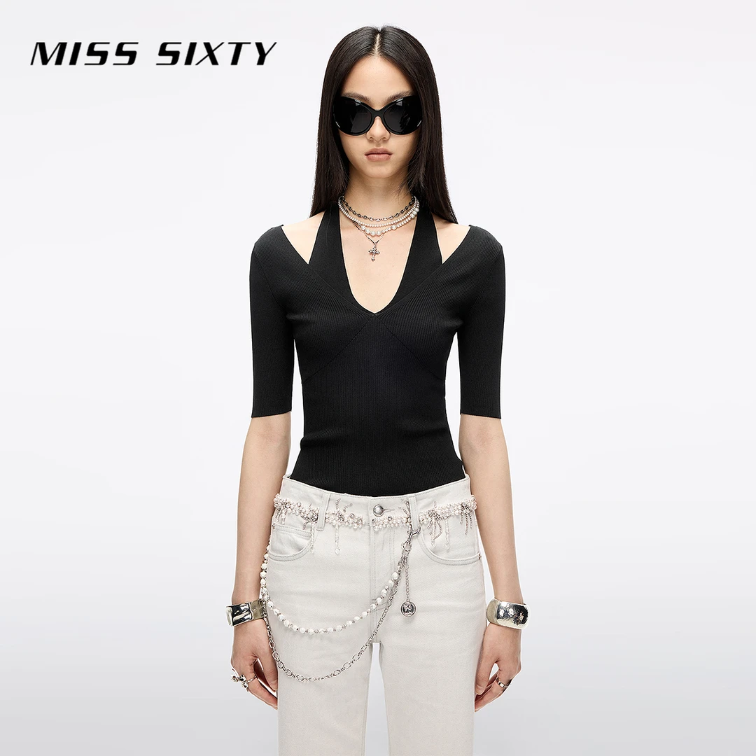 Miss Sixty2025新款针织衫女挂脖短袖紧身短款上衣含桑蚕丝