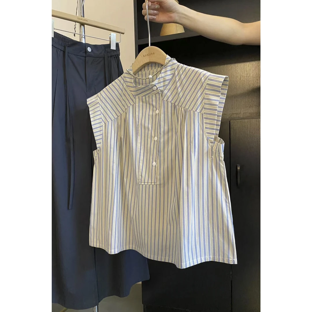 璎婲sᴀᴋᴜʀᴀ【目黑川午茶】曼韩版复古条纹设计感立领无袖坎肩衬衫