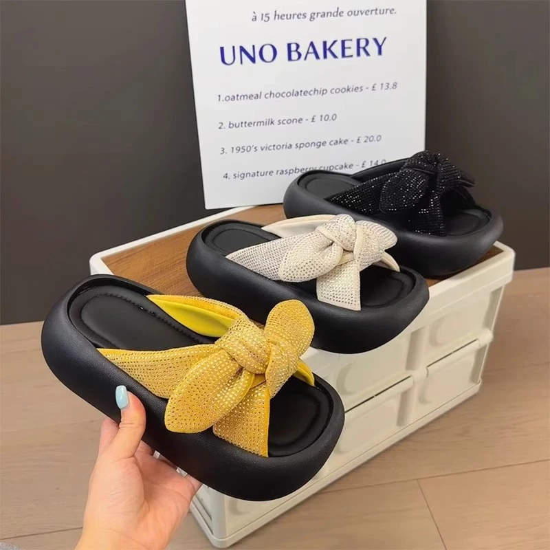 啄木鸟法式厚底蝴蝶结凉拖鞋女2025夏高级感配裙子休闲度假一字拖
