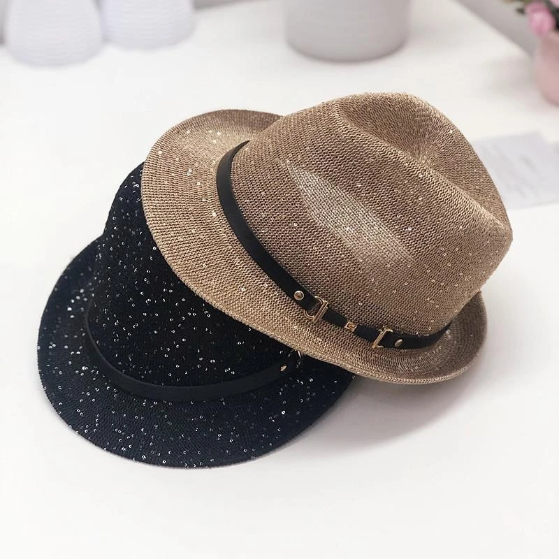 男女帽子夏天英伦时尚亮片小礼帽镂空透气户外旅游舞台表演爵士帽