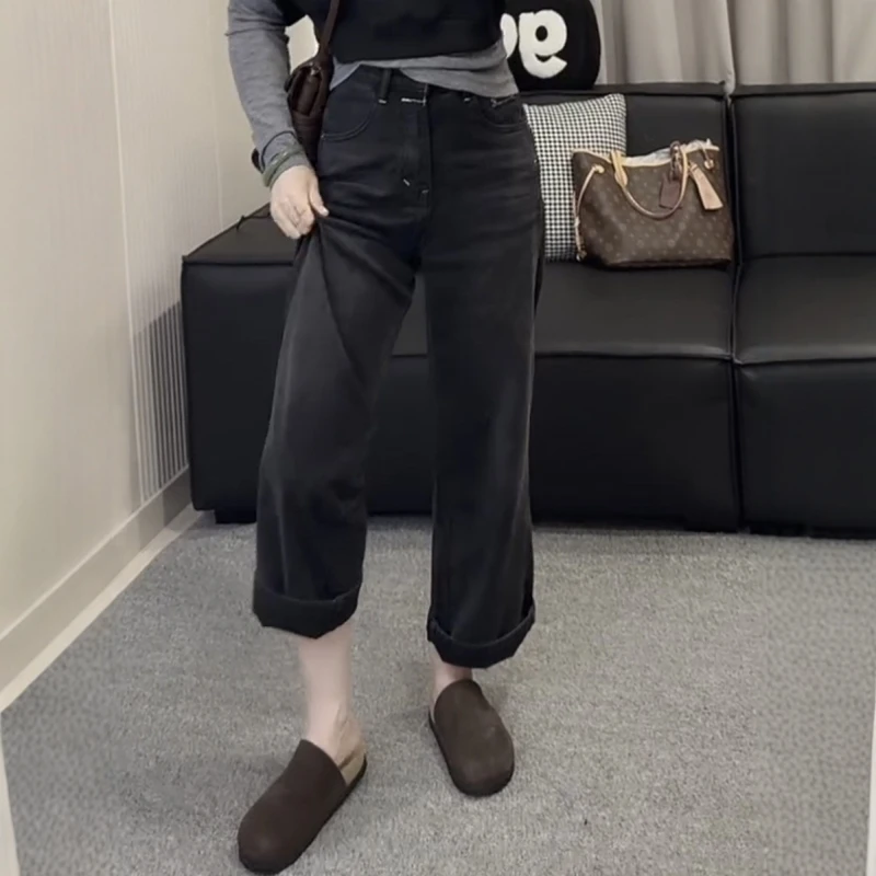 大码女装复古百搭直筒牛仔裤女2025秋季新款高腰显瘦九分阔腿裤子