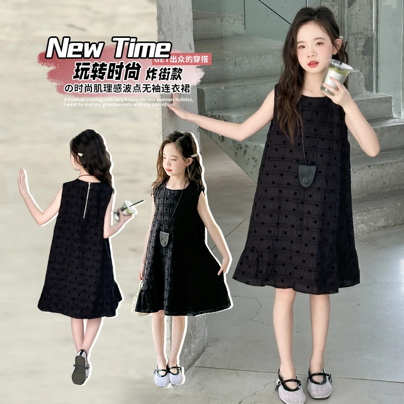 尚品琳25675女童无袖连衣裙夏新款法式赫本风波点背心裙女孩黑裙