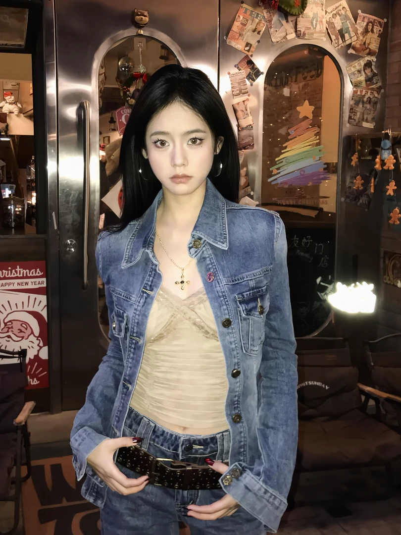 【十二】秋冬复古韩系辣妹牛仔外套女低腰牛仔裤套装 SE1068