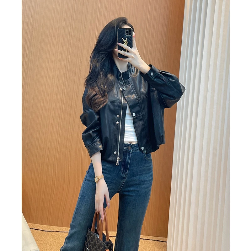 黑色立领皮衣女款2025新款短款小个子软皮复古气质酷飒风机车服潮