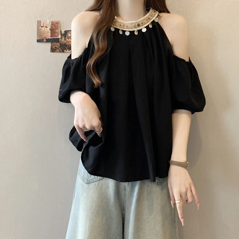 大码女装遮肚子设计感钉珠领露肩衬衫女夏季胖妹妹宽松显瘦雪纺衫