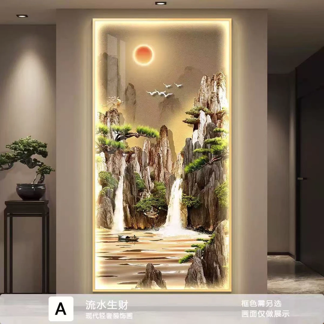 新款-山水玄关画现代简约新中式轻奢镶钻晶瓷装饰画手工