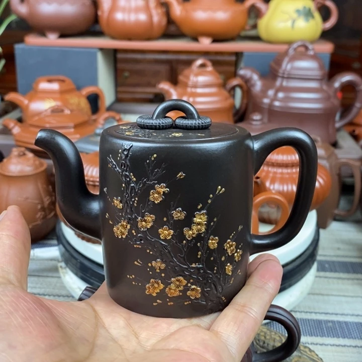 茶壶紫砂双圈240cc原矿赵庄朱泥捂灰、堆花描金特价