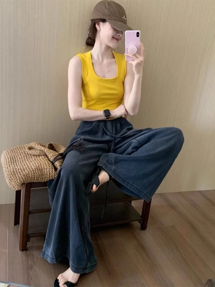 黄色收腰工字吊带绝美背心女2025新款爆款夏季多巴胺别致绝美上衣