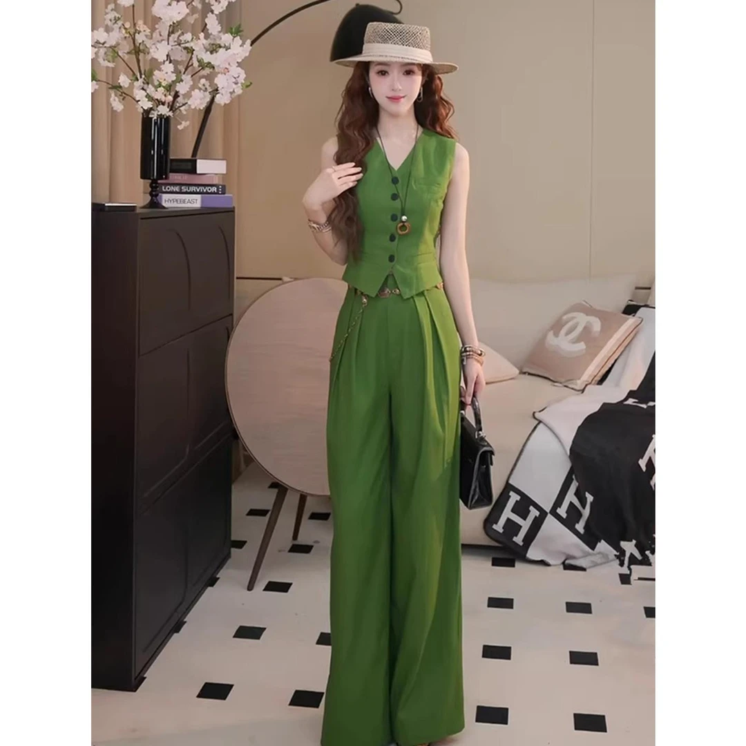 高级感时尚西装套装女夏季韩系气质V领马甲背心休闲阔腿裤两件套